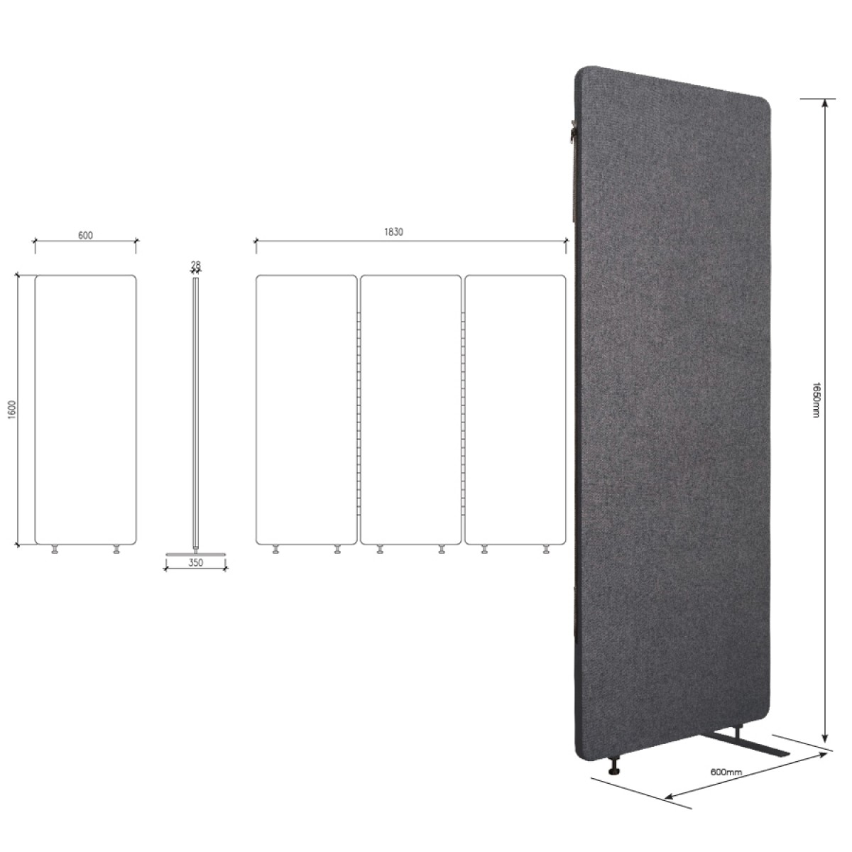 Zip 3 Panel Free Standing Acoustic Screen Partition Room Dividers