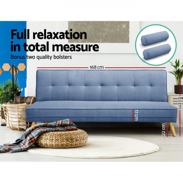 3 Seater Sofa Bed Lounge Folding Couch Faux Linen Blue Fabric 3 Seater Sofa Bed Lounge Folding Couch Faux Linen Blue Fabric