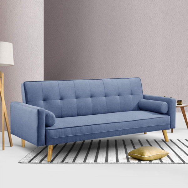 3 Seater Sofa Bed Lounge Folding Couch Faux Linen Blue Fabric 3 Seater Sofa Bed Lounge Folding Couch Faux Linen Blue Fabric