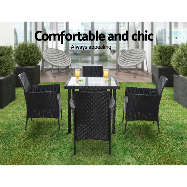 Outdoor 5 Piece Dining Set Patio Furniture Wicker Chairs Table Black