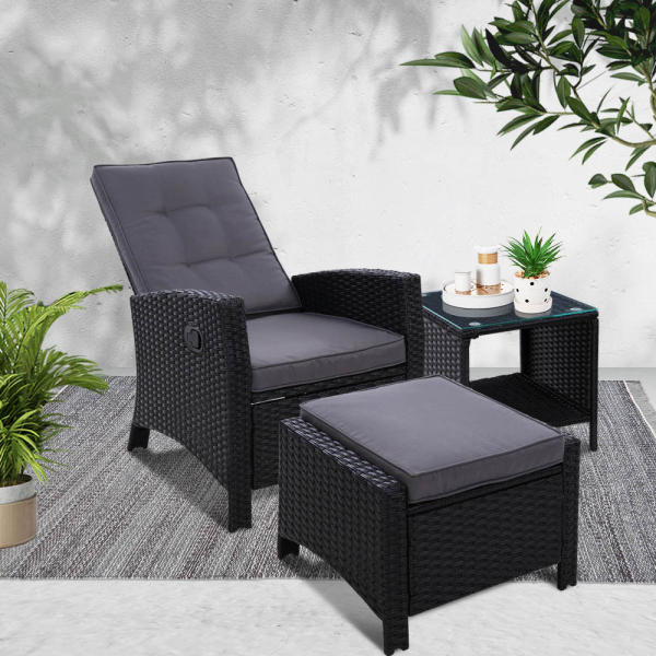 Gardeon 3 Piece Wicker Outdoor Recliner Chair Sun lounge - Black
