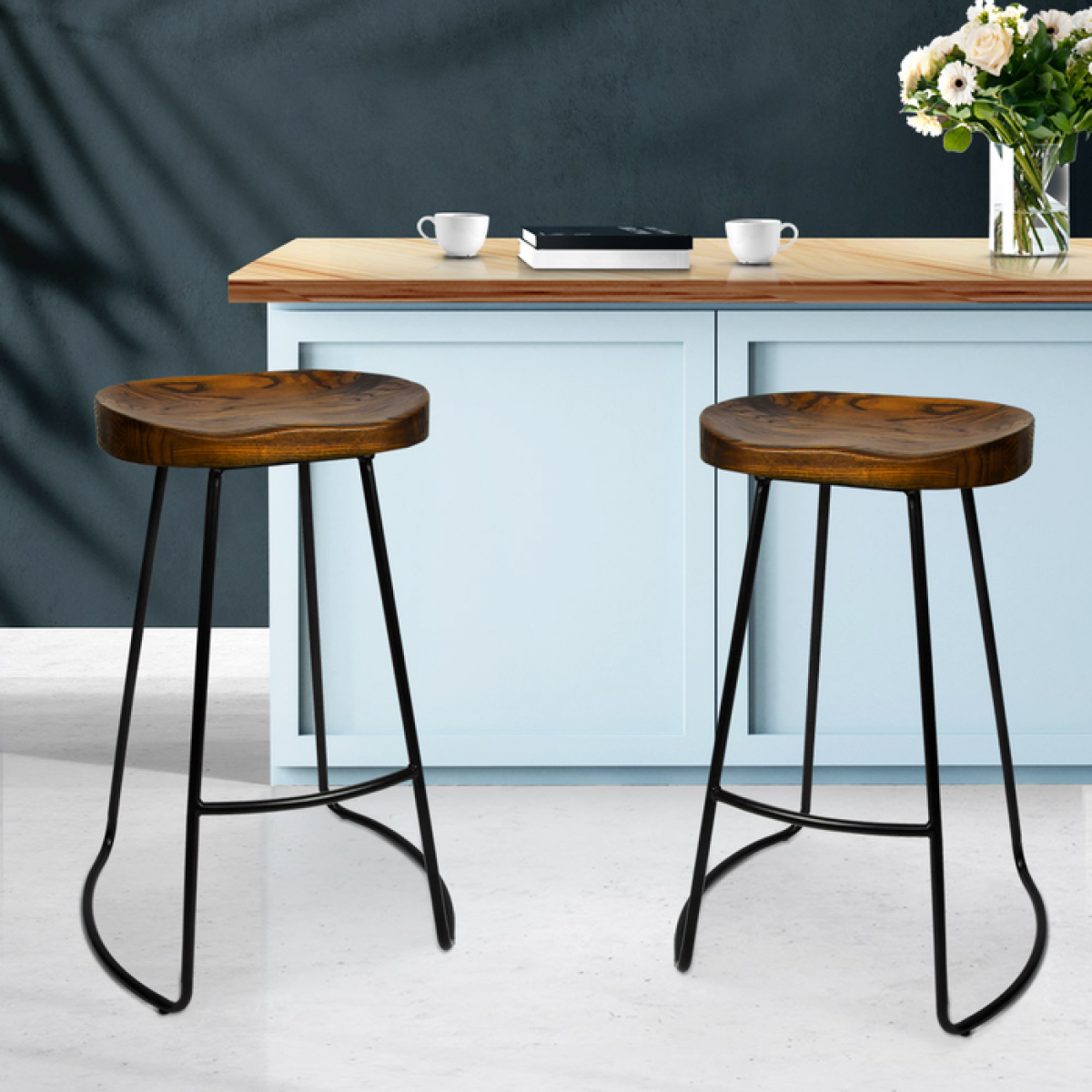 Industrial Wooden Tractor Seat Backless Bar Stool Set of 2 - Black