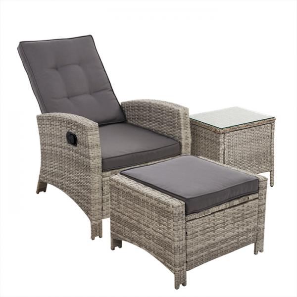 Gardeon 3 Piece Wicker Outdoor Recliner Chair Sun lounge - Grey