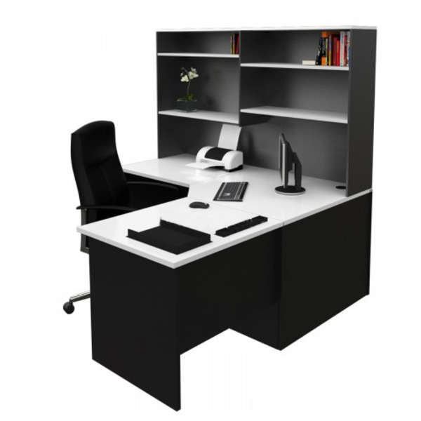 Origo Corner Office Desk Workstation with Hutch - White & Ironstone