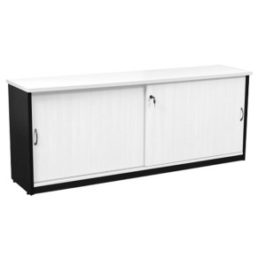 Logan Sliding Door Credenza with Hutch Storage Shelving - White & Ironstone Logan Sliding Door Credenza with Hutch Storage Shelving - White & Ironstone