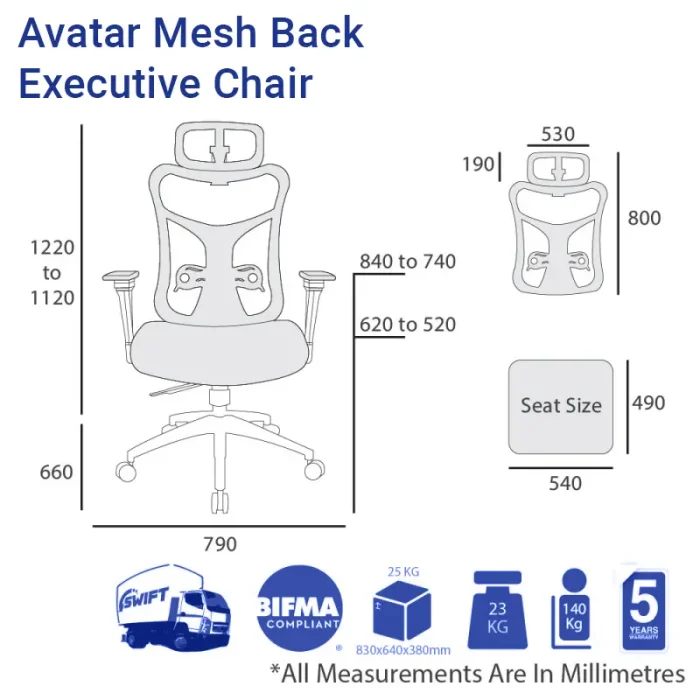 Avatar High Back Executive Mesh Back Office Chair-Dimensions