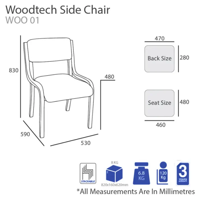 Woodtech Office Visitor Stacking Chair with or without Arms-Dimensions