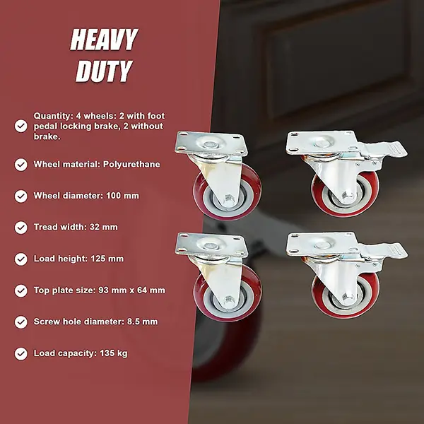 4 x 4 Heavy Duty PU Swivel Wheels