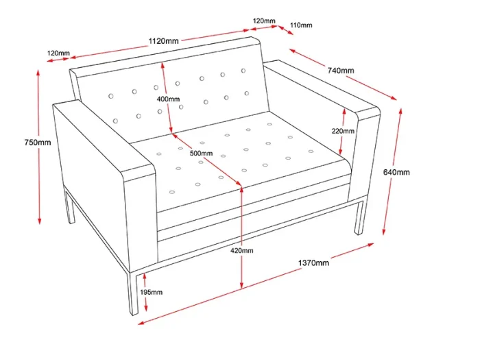 Venus 2 Seater Lounge Sofa with Stainless Steel Frame-dimension