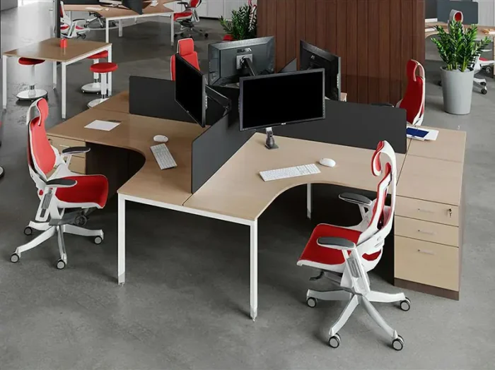 Oblique Manual Height Adjustable 4 Person Corner Cluster Workstation