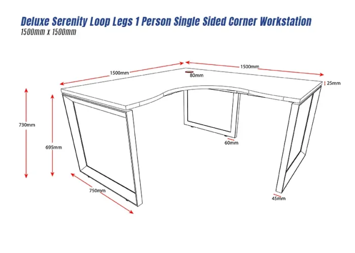 Deluxe Serenity Loop Legs 1 Person Single Sided Corner Workstation-1500mm x 1500mm