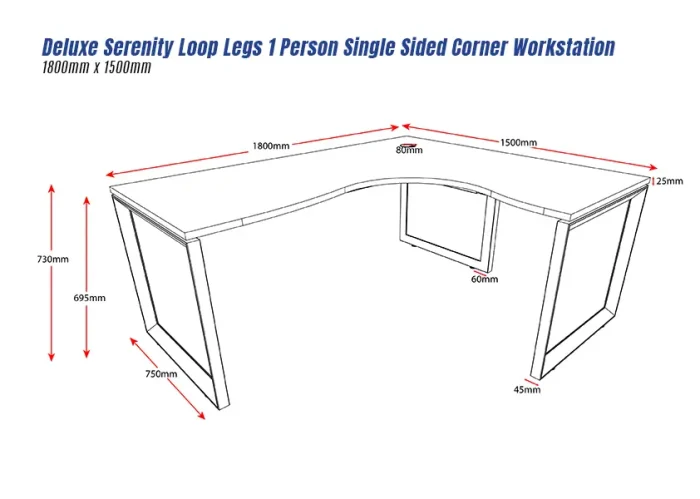 Deluxe Serenity Loop Legs 1 Person Single Sided Corner Workstation-1800mm x 1500mm