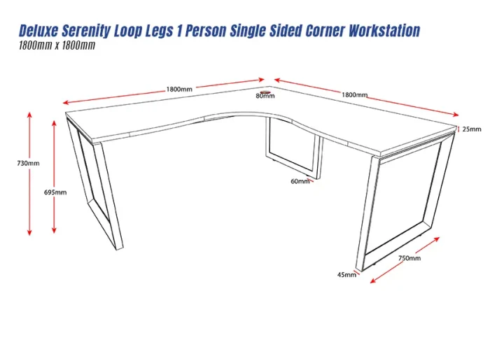 Deluxe Serenity Loop Legs 1 Person Single Sided Corner Workstation-1800mm x 1800mm