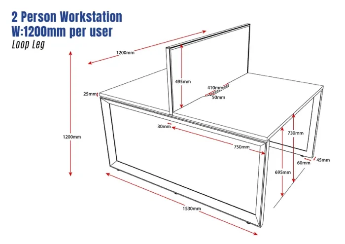 Deluxe Serenity Straight Double Sided 1200mm-2 Person Workstation with Screen-Loop Leg-Line Draw