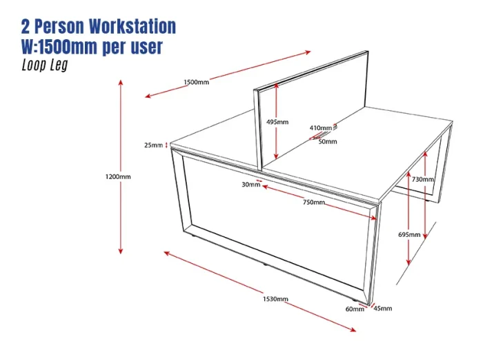 Deluxe Serenity Straight Double Sided 1500mm-2 Person Workstation with Screen-Loop Leg-Line Draw
