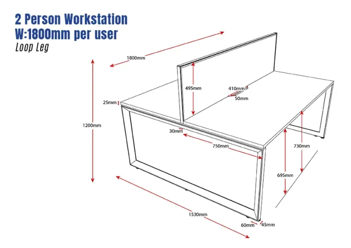 Deluxe Serenity Straight Double Sided 1800mm-2 Person Workstation with Screen-Loop Leg-Line Draw