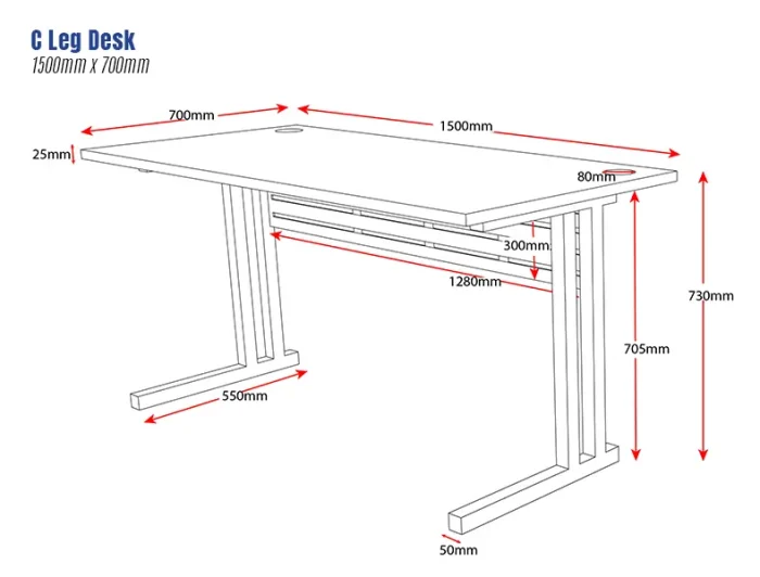 C Leg Desk 1500x700mm-dimensions