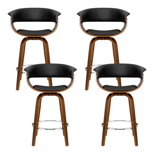 Evolve set of 4 Bar Stools Wooden Bar Stool Swivel Kitchen Dining Chairs PU Leather Black-BA-TW-8201-BKX4