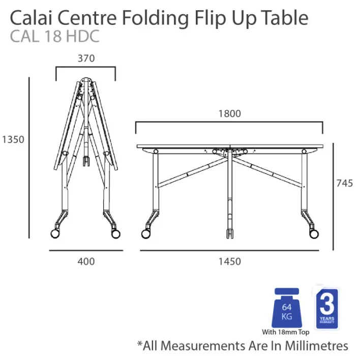 Calais Centre Folding Flip Up Table-Dimension