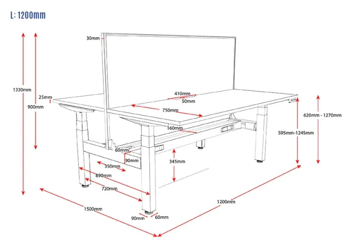 2 Person Back to Back Electric Height Adjustable Workstation 1200mm-line_draw