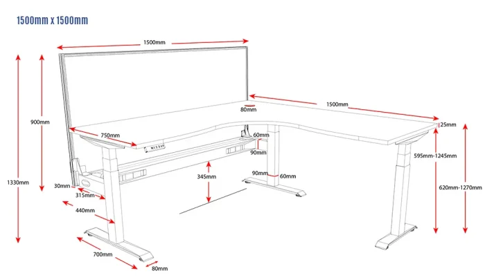 Electric Height Adjustable Corner Workstation Sit Stand Desk 1500x1500mm-dimensions