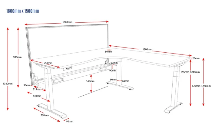 Electric Height Adjustable Corner Workstation Sit Stand Desk 1800x1500mm-dimensions