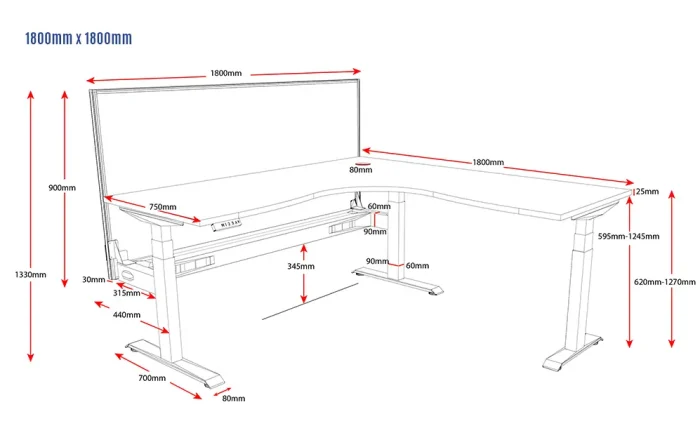 Electric Height Adjustable Corner Workstation Sit Stand Desk 1800x1800mm-dimensions