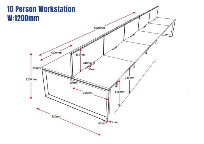 Deluxe Serenity Straight Double Sided 1200-10 Person Workstation with Screen-Line Draw