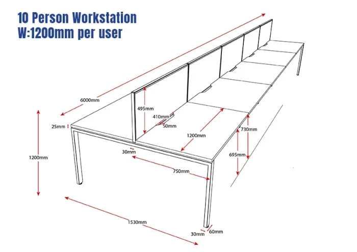 Deluxe Serenity Straight Double Sided 1200mm-10 Person Workstation with Screen-Profile Leg-Line Draw