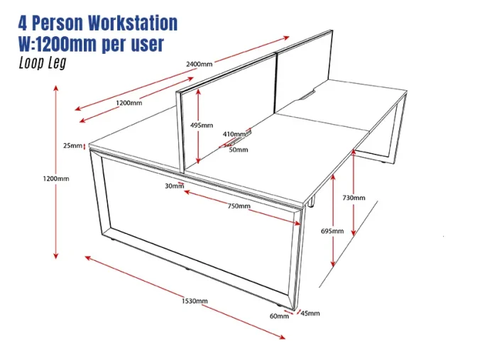 Deluxe Serenity Straight Double Sided 1200mm-4 Person Workstation with Screen-Loop Leg-Line Draw