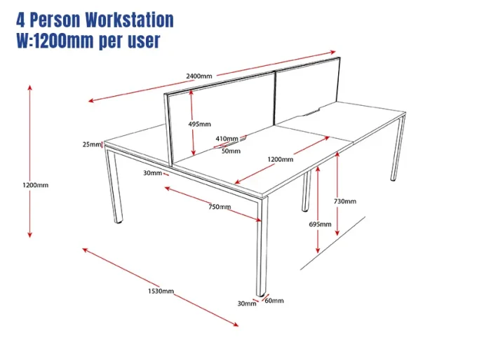 Deluxe Serenity Straight Double Sided 1200mm-4 Person Workstation with Screen-Profile Leg-Line Draw