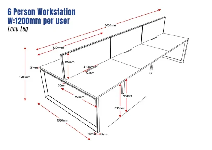 Deluxe Serenity Straight Double Sided 1200mm-6 Person Workstation with Screen-Loop Leg-Line Draw
