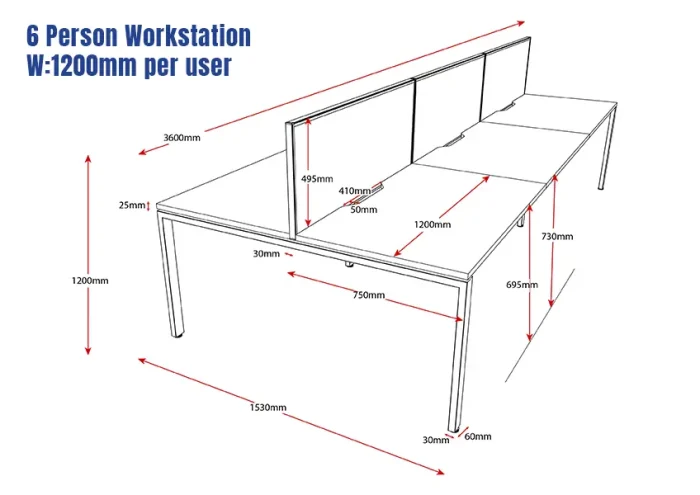 Deluxe Serenity Straight Double Sided 1200mm-6 Person Workstation with Screen-Profile Leg-Line Draw