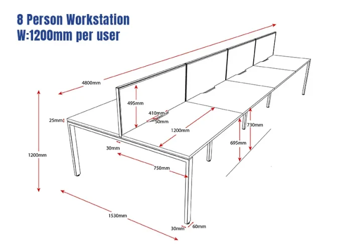 Deluxe Serenity Straight Double Sided 1200mm-8 Person Workstation with Screen-Line Draw