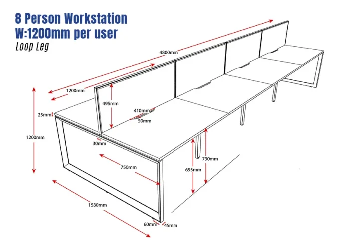 Deluxe Serenity Straight Double Sided 1200mm-8 Person Workstation with Screen-Loop Leg-Line Draw