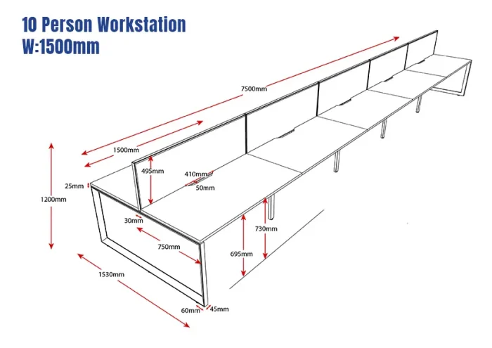 Deluxe Serenity Straight Double Sided 1500mm-10 Person Workstation with Screen-Line Draw
