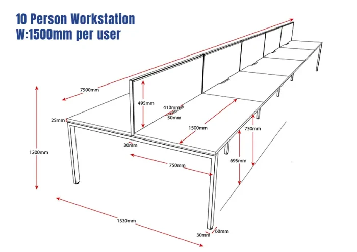 Deluxe Serenity Straight Double Sided 1500mm-10 Person Workstation with Screen-Profile Leg-Line Draw