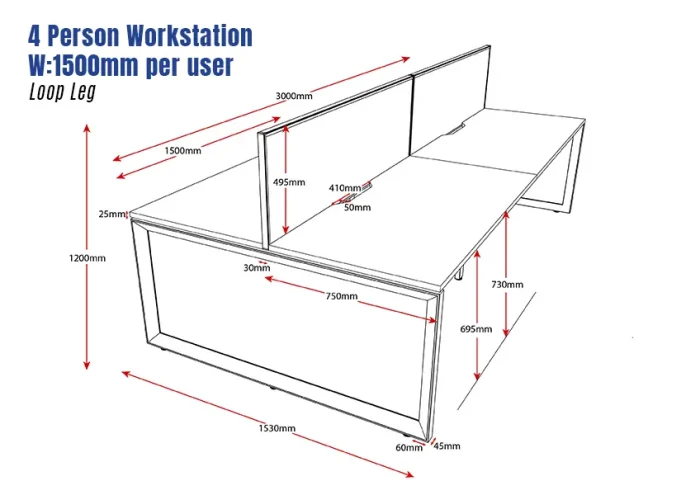 Deluxe Serenity Straight Double Sided 1500mm-4 Person Workstation with Screen-Loop Leg-Line Draw