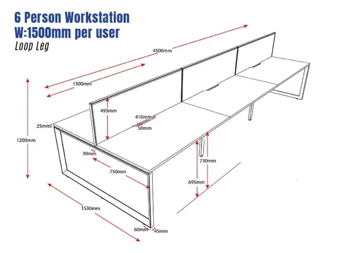Deluxe Serenity Straight Double Sided 1500mm-6 Person Workstation with Screen-Loop Leg-Line Draw