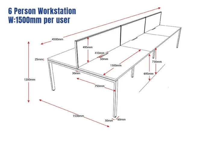 Deluxe Serenity Straight Double Sided 1500mm-6 Person Workstation with Screen-Profile Leg-Line Draw