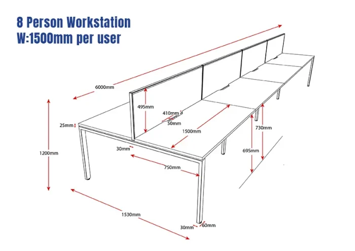 Deluxe Serenity Straight Double Sided 1500mm-8 Person Workstation with Screen-Line Draw