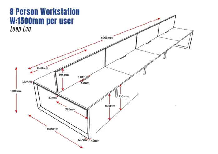 Deluxe Serenity Straight Double Sided 1500mm-8 Person Workstation with Screen-Loop Leg-Line Draw