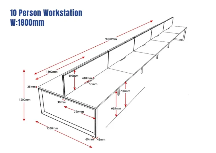 Deluxe Serenity Straight Double Sided 1800mm-10 Person Workstation with Screen-Line Draw