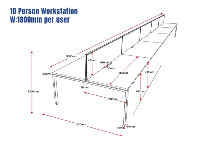 Deluxe Serenity Straight Double Sided 1800mm-10 Person Workstation with Screen-Profile Leg-Line Draw