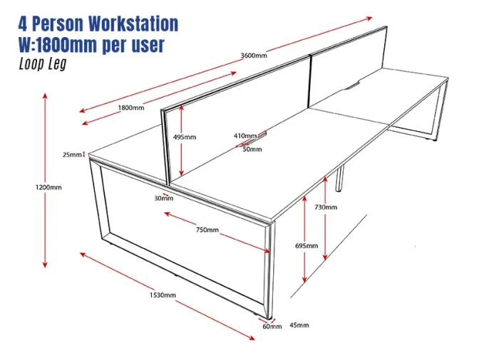 Deluxe Serenity Straight Double Sided 1800mm-4 Person Workstation with Screen-Loop Leg-Line Draw
