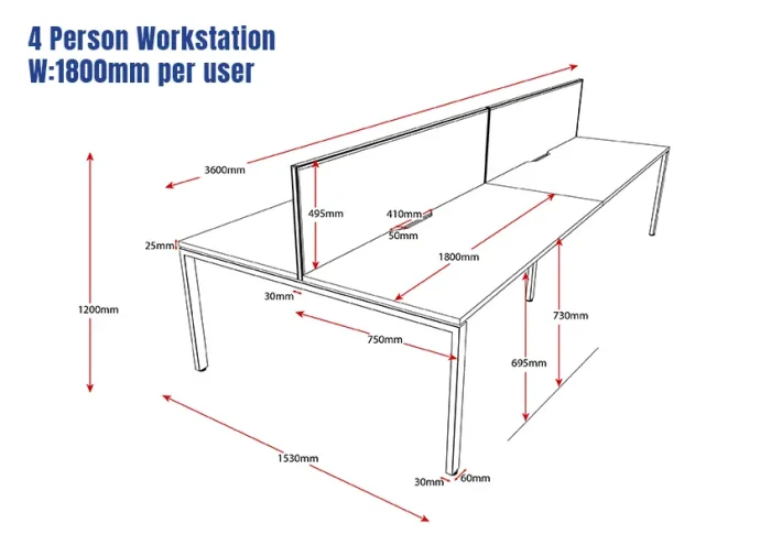 Deluxe Serenity Straight Double Sided 1800mm-4 Person Workstation with Screen-Profile Leg-Line Draw