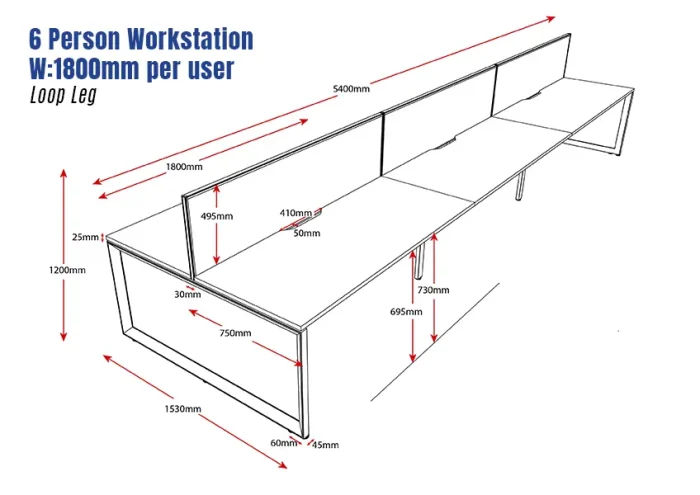 Deluxe Serenity Straight Double Sided 1800mm-6 Person Workstation with Screen-Loop Leg-Line Draw
