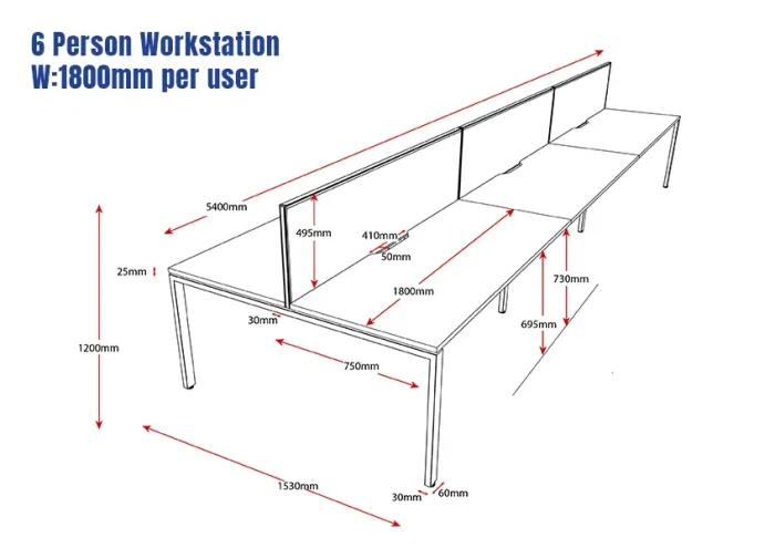 Deluxe Serenity Straight Double Sided 1800mm-6 Person Workstation with Screen-Profile Leg-Line Draw