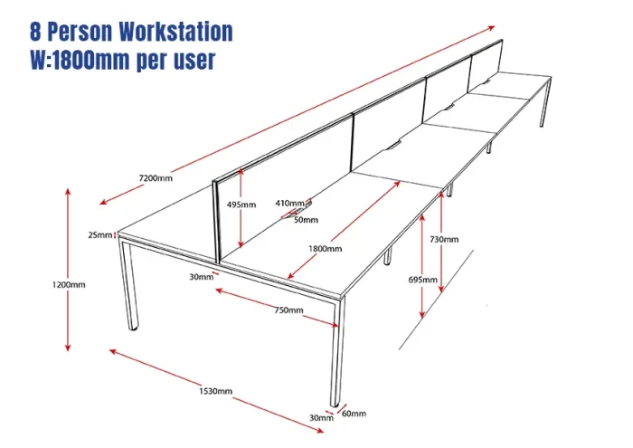 Deluxe Serenity Straight Double Sided 1800mm-8 Person Workstation with Screen-Line Draw