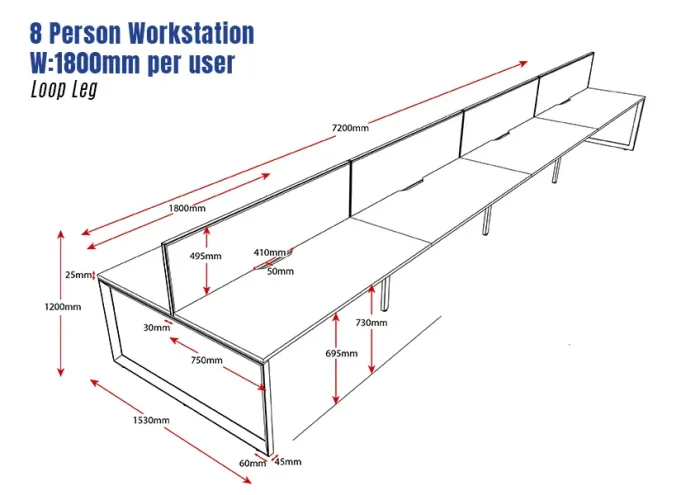Deluxe Serenity Straight Double Sided 1800mm-8 Person Workstation with Screen-Loop Leg-Line Draw